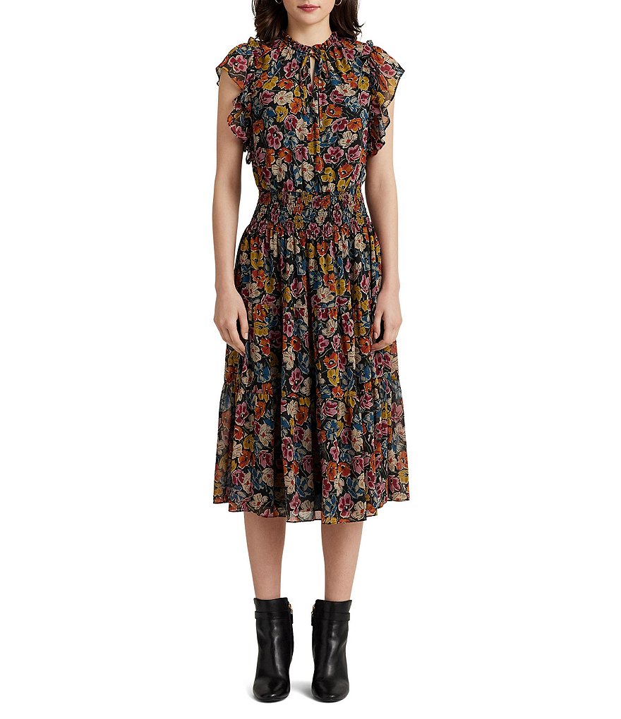 Lauren Ralph Lauren Floral Crinkle Georgette Tie-Neck Dress | Dillard's