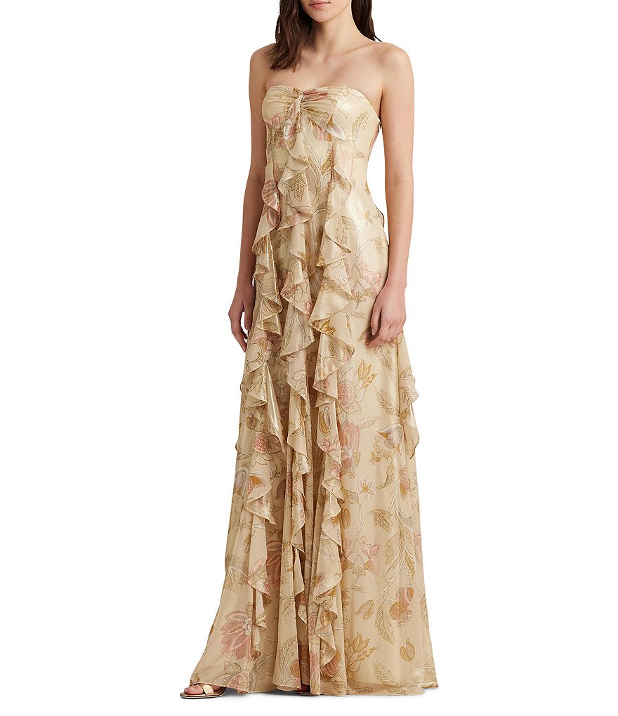 Lauren Ralph Lauren Floral Metallic Chiffon Sweetheart Neck Strapless ...