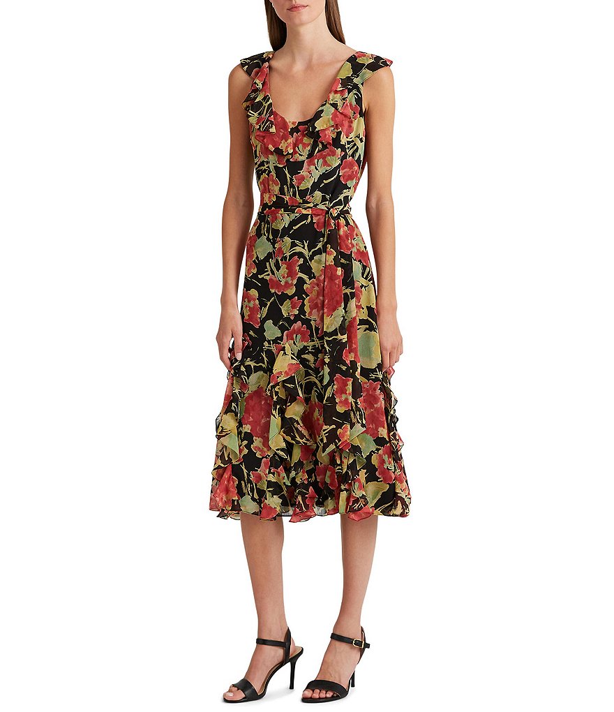 Lauren Ralph Lauren Floral Print Crinkle Georgette Scoop Neck Sleeveless Ruffle Tie Waist Tiered 7618