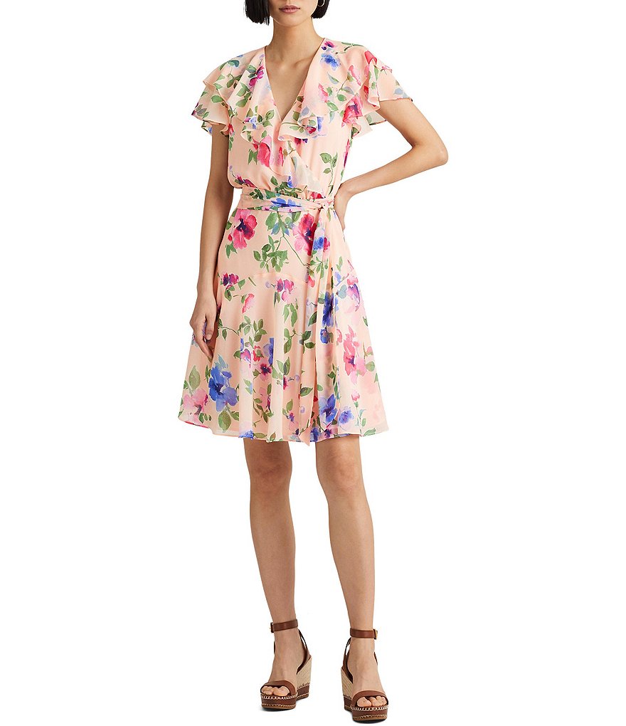 Lauren Ralph Lauren Floral Print Georgette Ruffle Trimmed Belted Fit ...