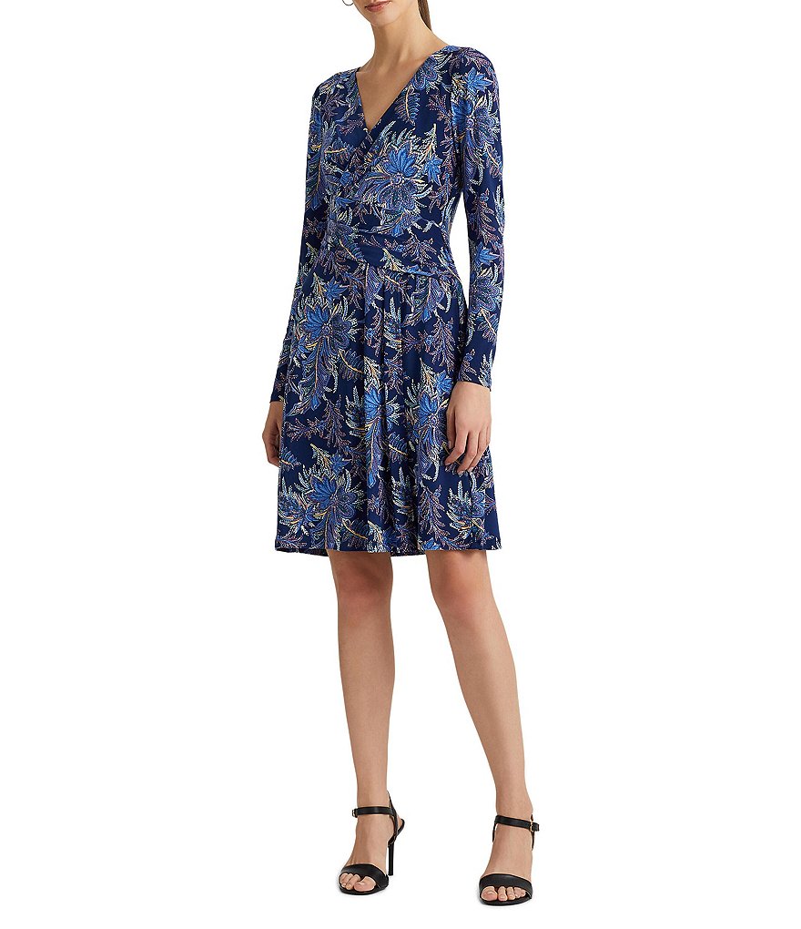 Lauren Ralph Lauren Floral Print Surplice V-Neck Long Sleeve Faux Wrap ...