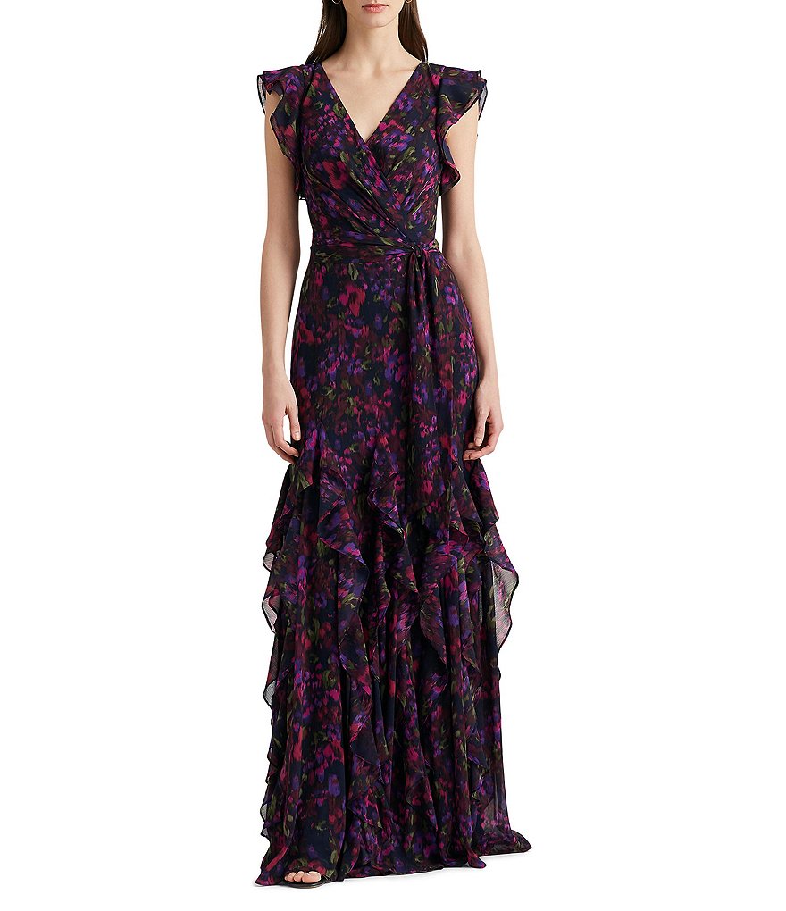 Lauren Ralph Lauren Floral Print Surplice V-Neck Flutter Sleeve Gown