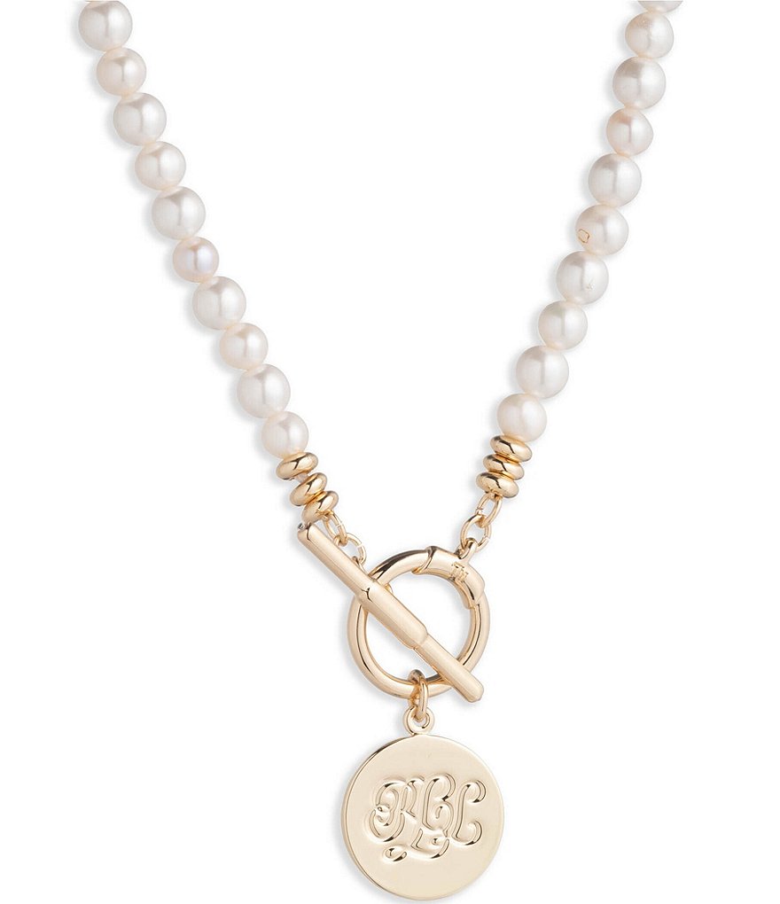 Lauren Ralph Lauren Gold Tone White Freshwater Pearl Logo Collar Necklace Dillard s