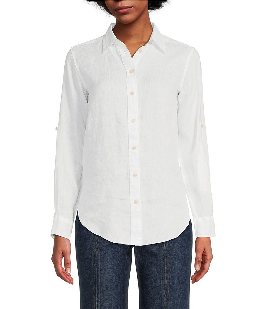 Lauren Ralph Lauren Point Collar 3/4 Roll-Tab Sleeve Button Front Linen  Shirt