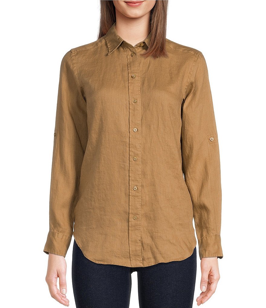 Lauren Ralph Lauren Point Collar 3/4 Roll-Tab Sleeve Button Front Linen  Shirt