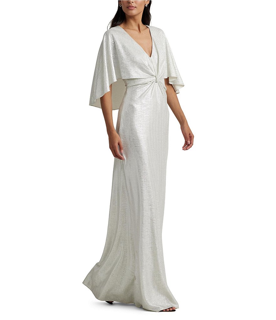 Lauren Ralph Lauren Metallic Knit V-Neck Twist Front Cape Gown | Dillard's