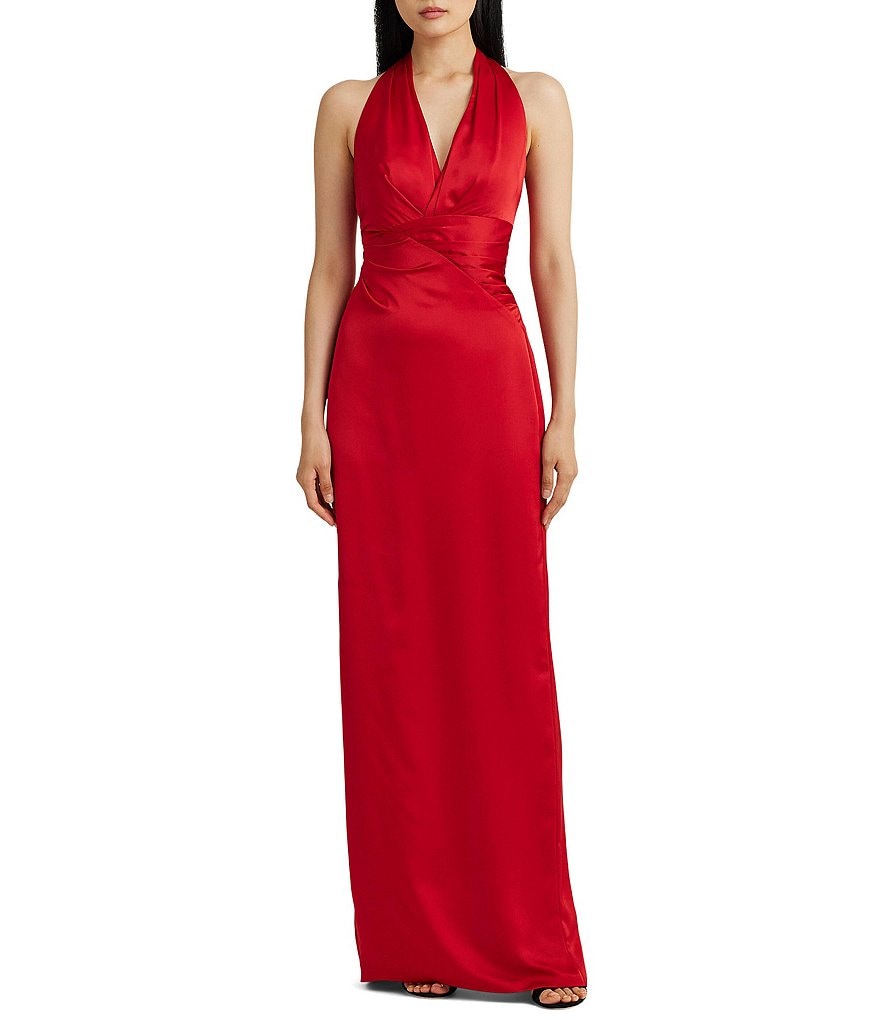 Lauren Ralph Lauren Pleated Satin Charmeuse Halter Neckline Sleeveless ...