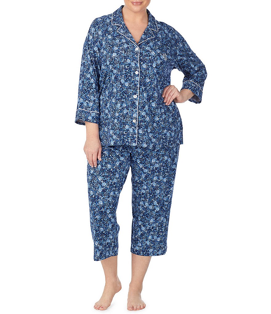 Lauren Ralph Lauren Plus Size Striped Print Notch Collar 34 Sleeve Button Front Jersey Knit Capri Pajama Set - 1x