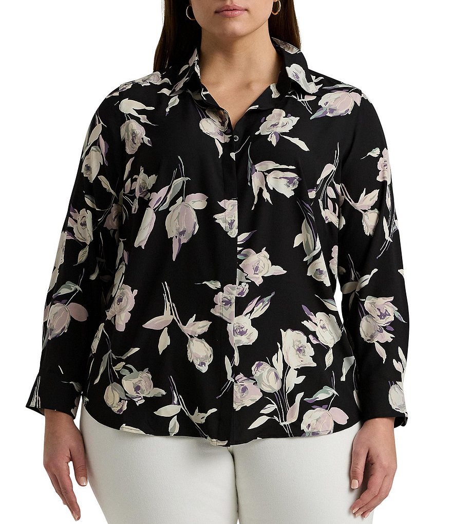 Lauren Ralph Lauren Plus Size Floral Print Crepe Long Sleeve Button Front  Shirt