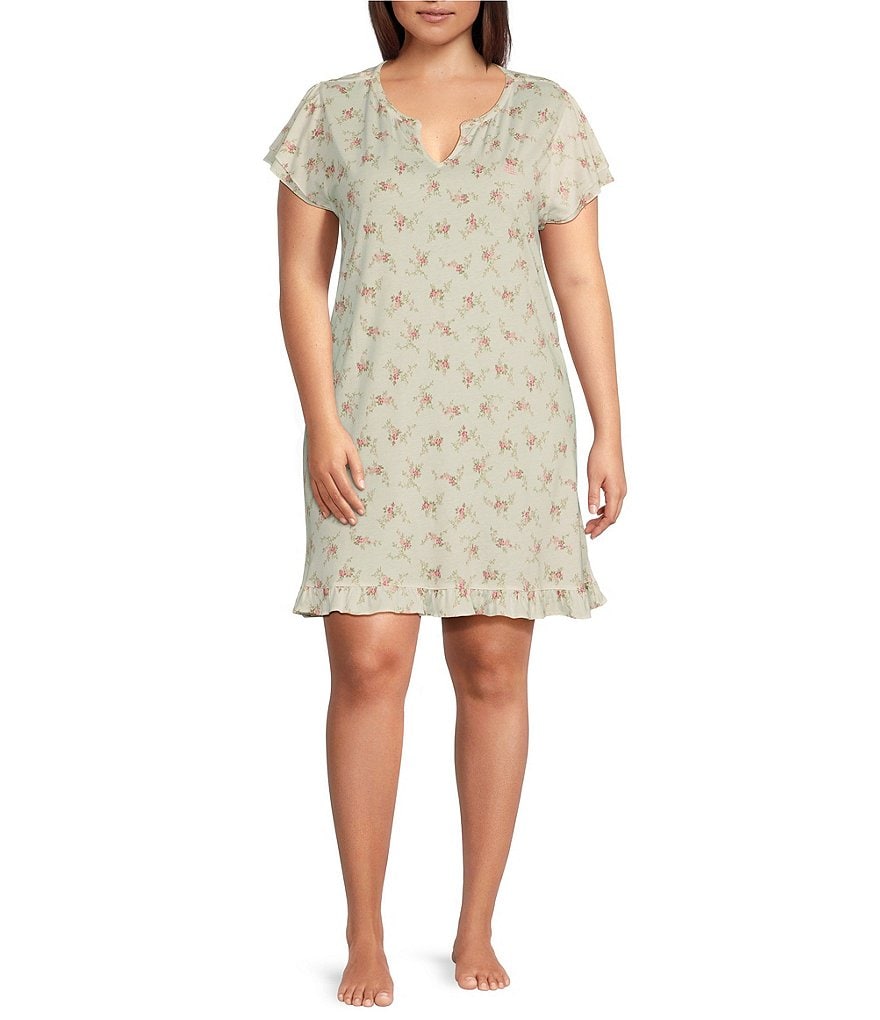 Lauren Ralph Lauren Plus Size Floral Print Double Short Sleeves Split Round Neckline Knee Length Knit Nightgown Dillard s