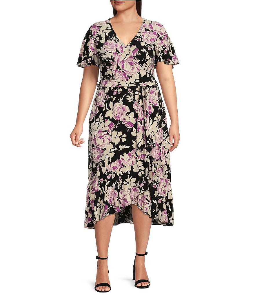 Lauren Ralph Lauren Plus Size Floral Print Short Flutter Sleeve Faux Wrap Jersey Dress Dillards 4878