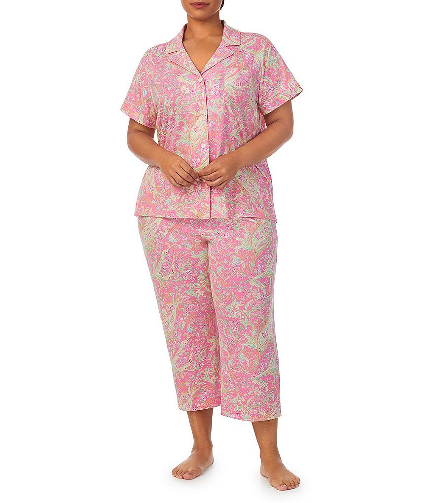 Lauren Ralph Lauren Short Sleeve Notch Collar Capri Pant Knit Paisley Pajama Set, Womens, M, Pink Paisley