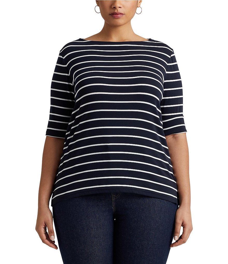 Lauren Ralph Lauren Plus Size Stripe Boat Neck Short Sleeve T-Shirt ...