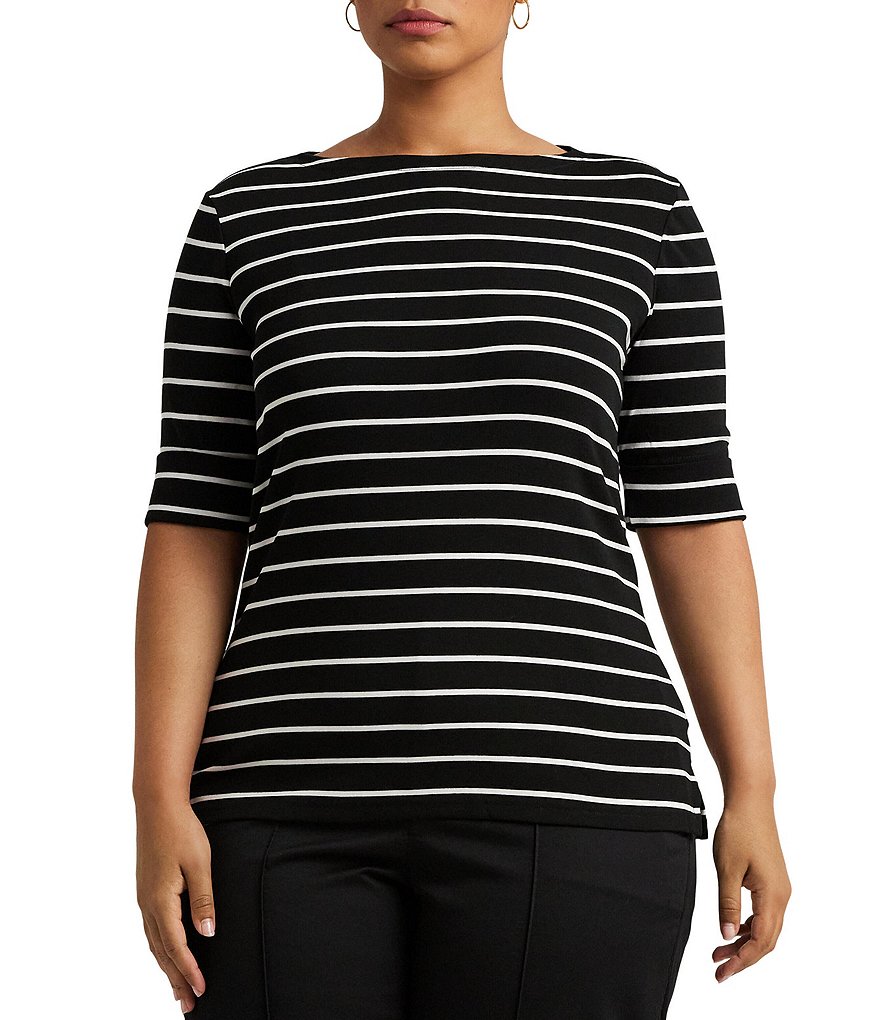 Lauren Ralph Lauren Plus Size Stripe Boat Neck Short Sleeve T-Shirt