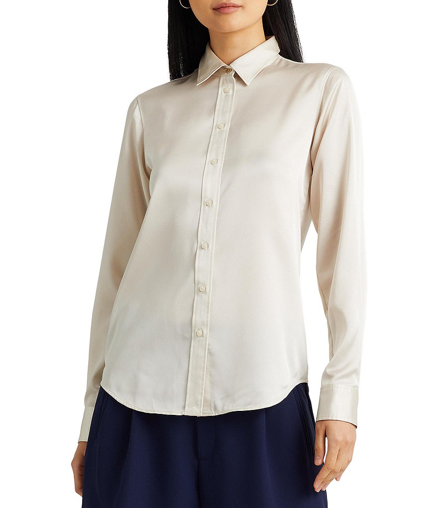 Lauren Ralph Lauren Satin Point Collar Long Sleeve Shirt | Dillard's