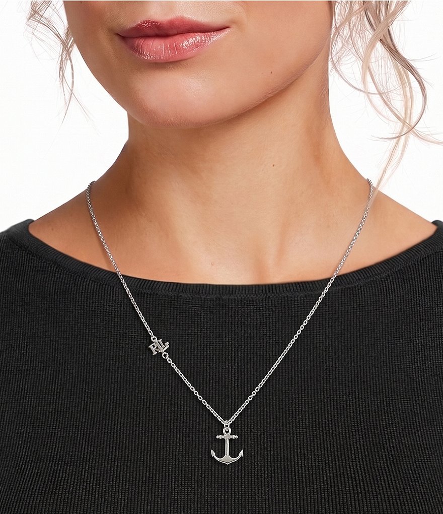 Lauren Ralph Lauren Silver Tone Anchor Short Pendant Necklace