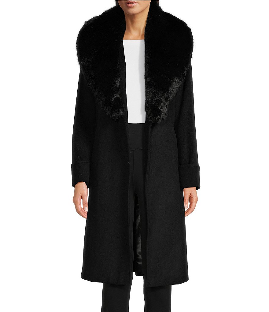 Lauren Ralph Lauren Single Breasted Removable Faux Fur Collar Belted ...