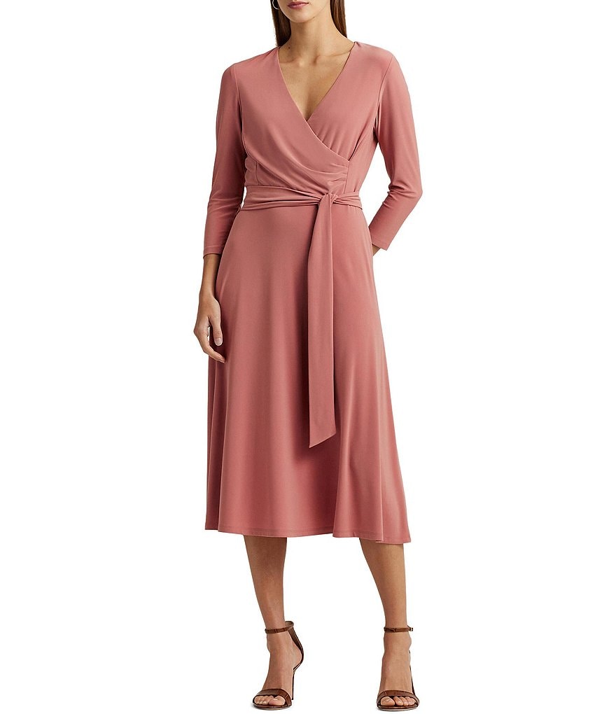 Lauren Ralph Lauren Stretch Faux Wrap Surplice V-Neck 3/4 Sleeve A-Line ...