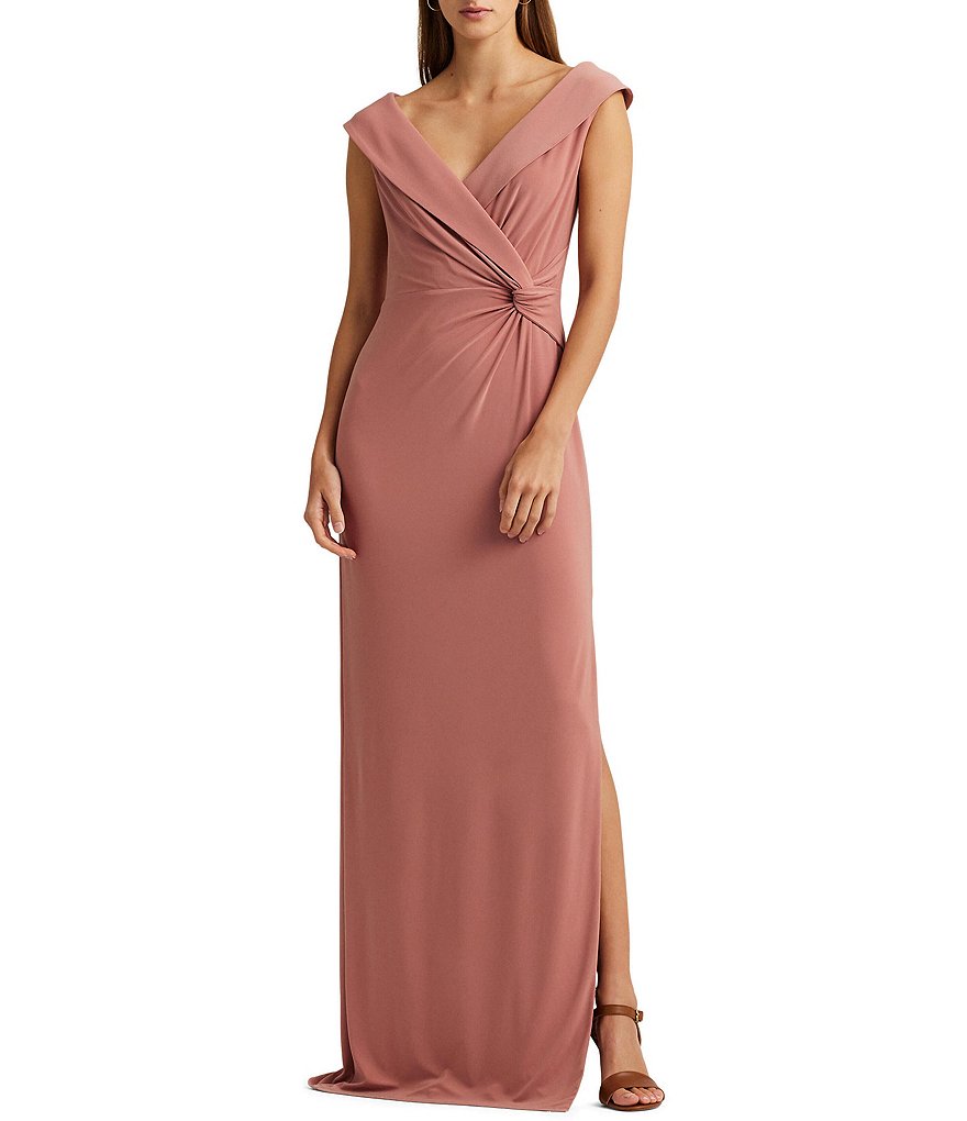 Lauren Ralph Lauren Stretch Jersey Cap Sleeve Twist Waist Sleeveless Gown