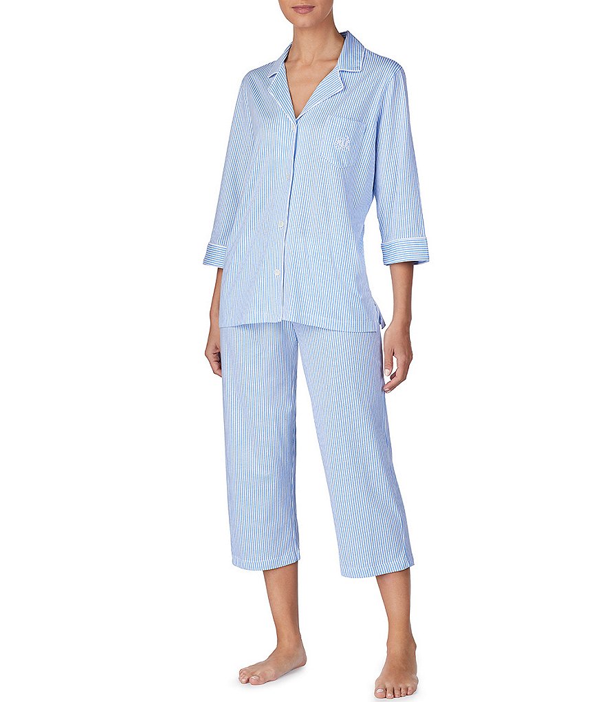Lauren Ralph Lauren Striped Jersey Notch Collar 3/4 Sleeve Pajama Set ...