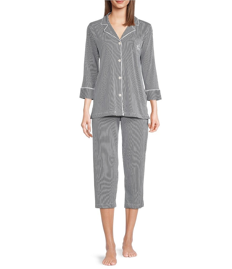 Lauren Ralph Lauren Striped Jersey Notch Collar 3/4 Sleeve Pajama Set ...