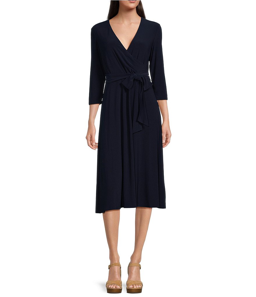 Lauren Ralph Lauren V-Neck 3/4 Sleeve A-Line Midi Dress | Dillard's