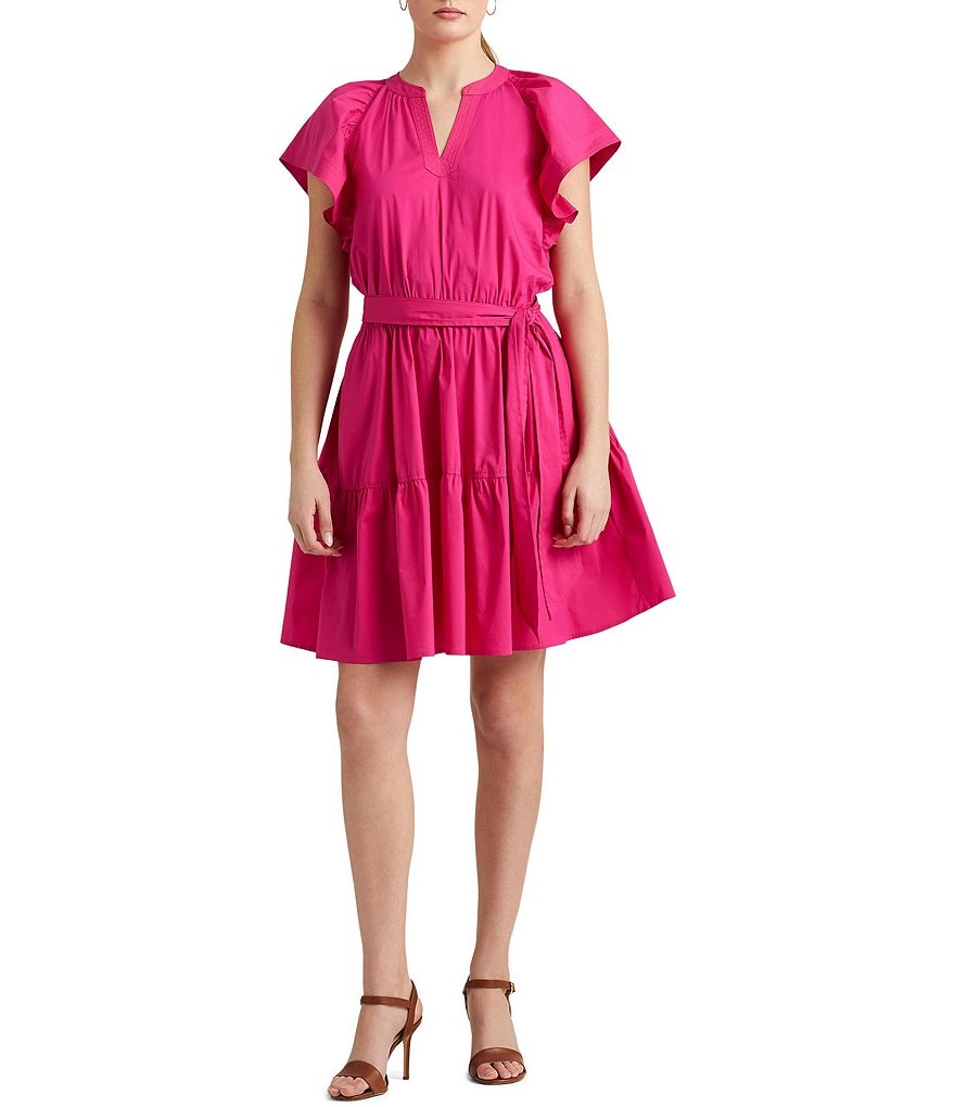 Lauren Ralph Lauren V-Neck Short Sleeve Fit and Flare Ruffle Dress ...