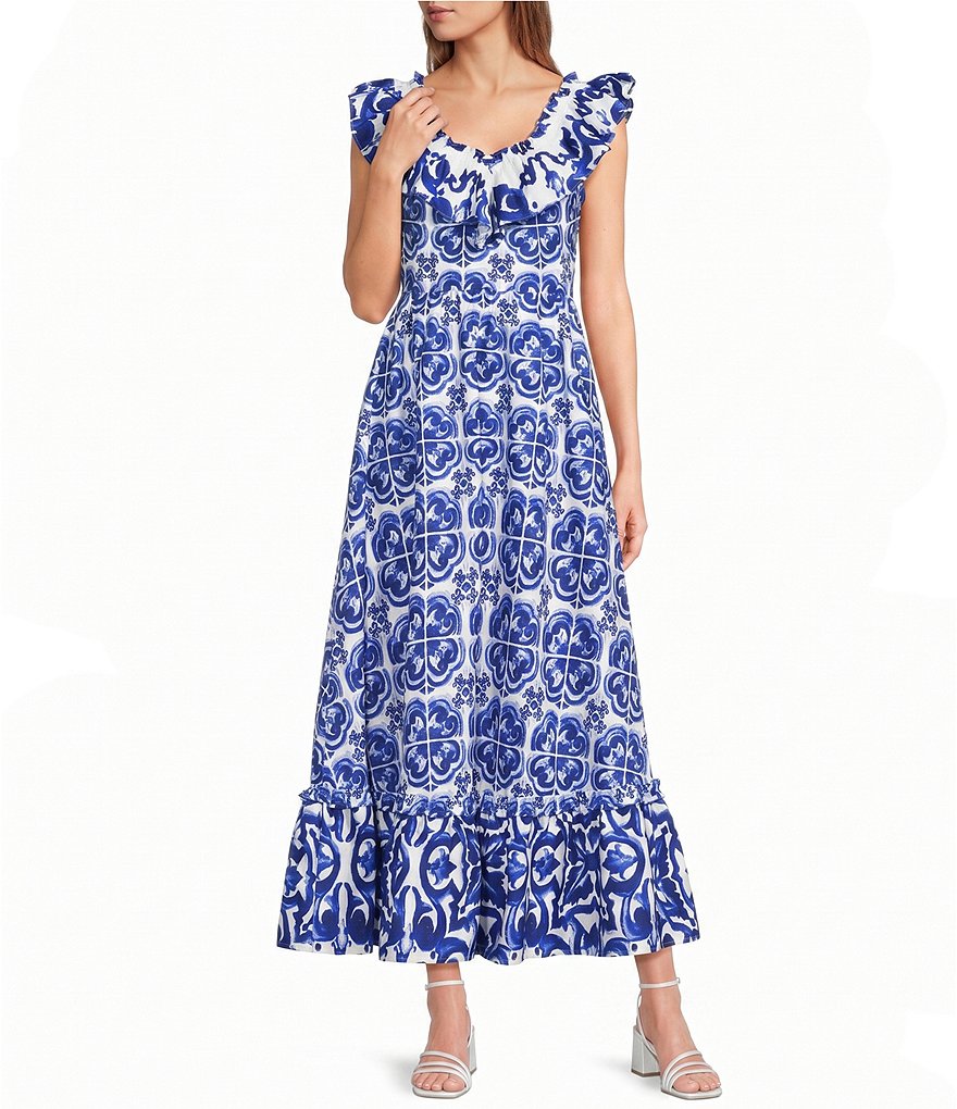 aqua tile print maxi dress Maritza Watercolor Tile Print Maxi Dress (Women)