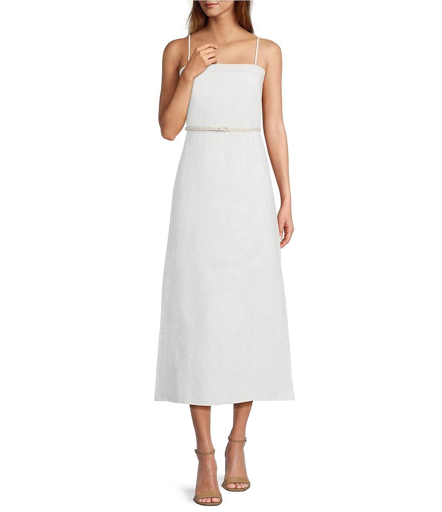 Le' AL.X Linen Embroidered Square Neck Sleeveless Spaghetti