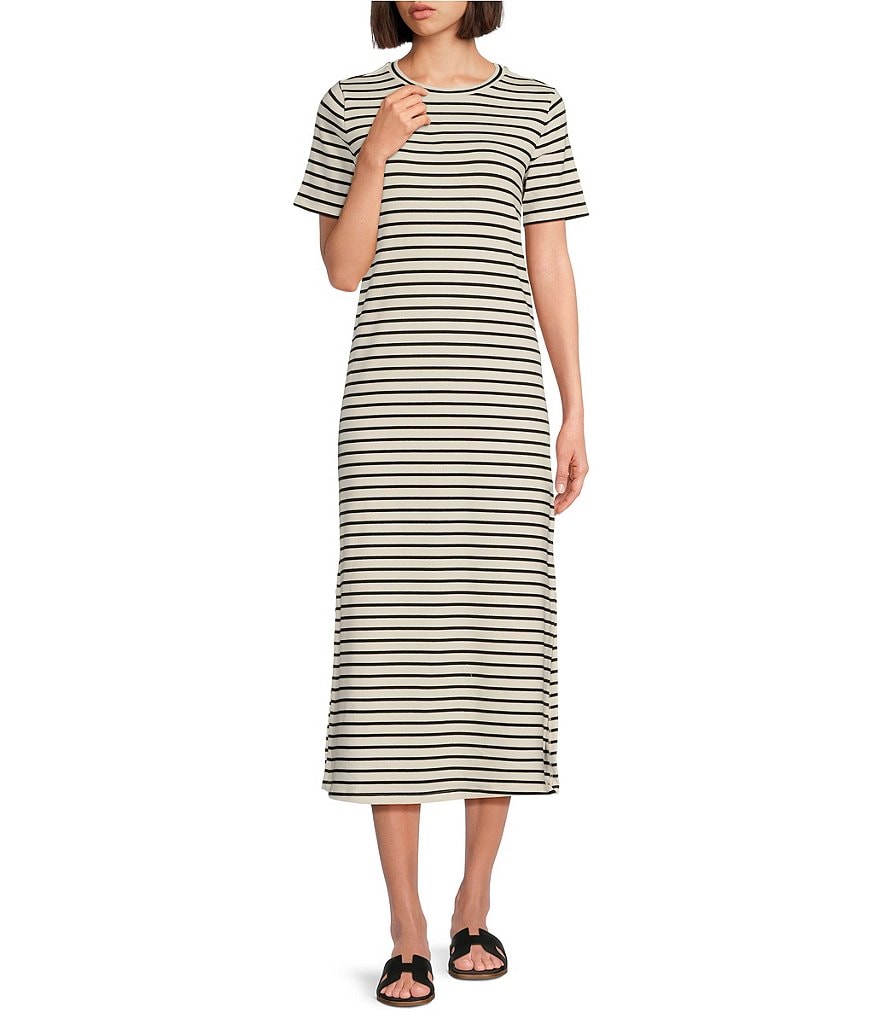 Le' AL.X Striped Stretch Knit Short Sleeve Round Neck T-Shirt Midi Dress