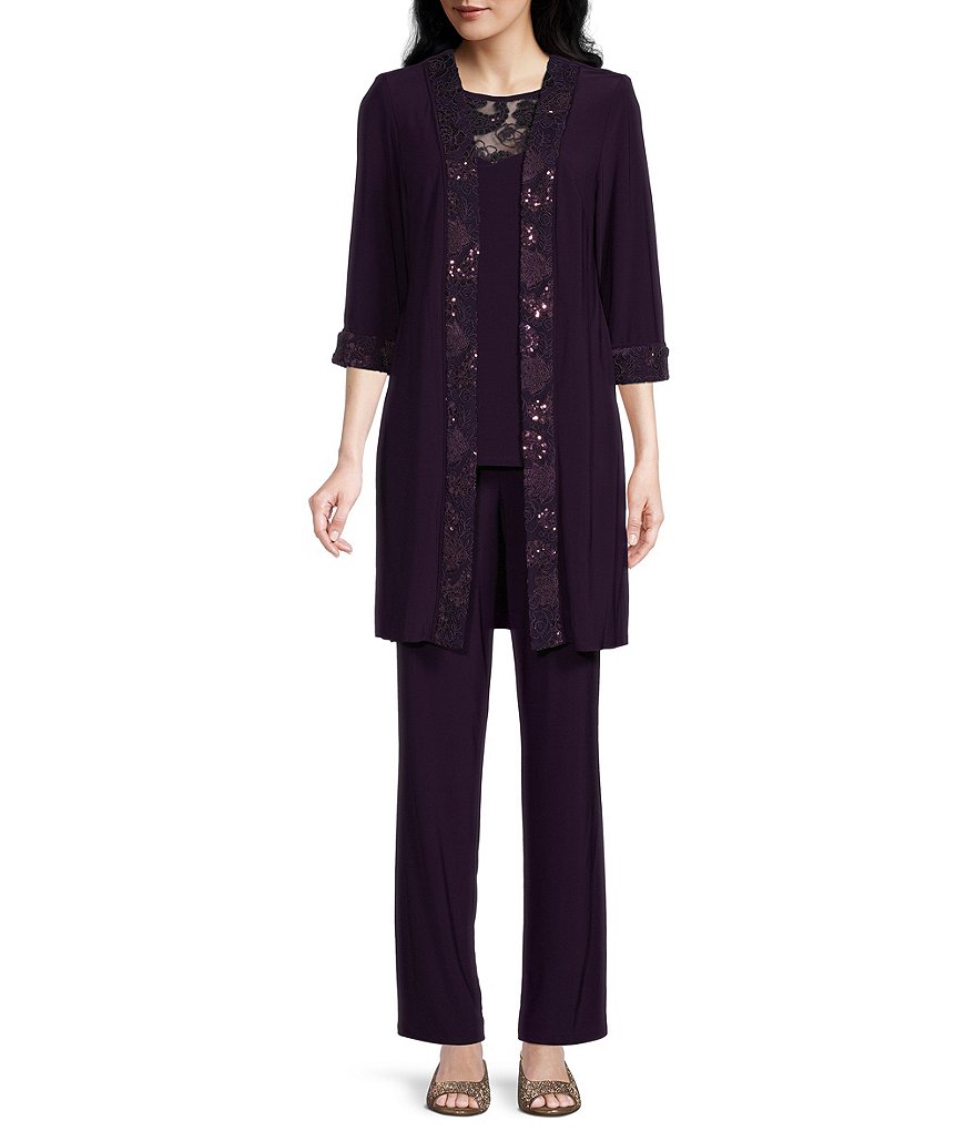 Le Bos Embroidered Trim Round Neck 3/4 Sleeve Duster 3-Piece Pant Set ...