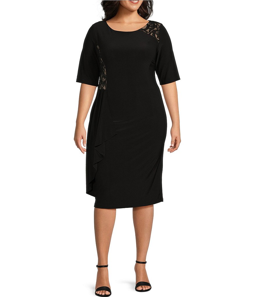 Le Bos Plus Size 3 4 Sleeve Crew Neck Cascading Ruffle Sheath Dress 