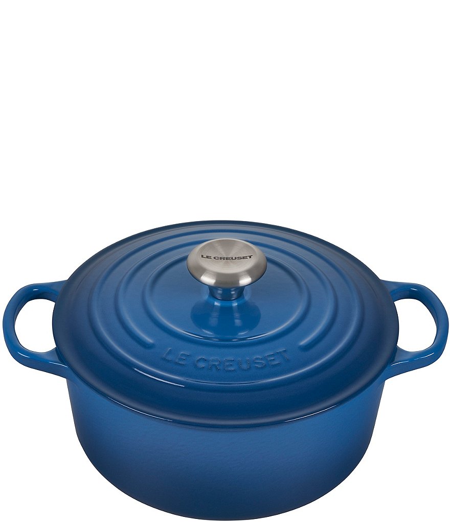 7 Qt Enameled Cast Iron Covered Tall Round Dutch Oven - Classic Blue with  Gold Knob