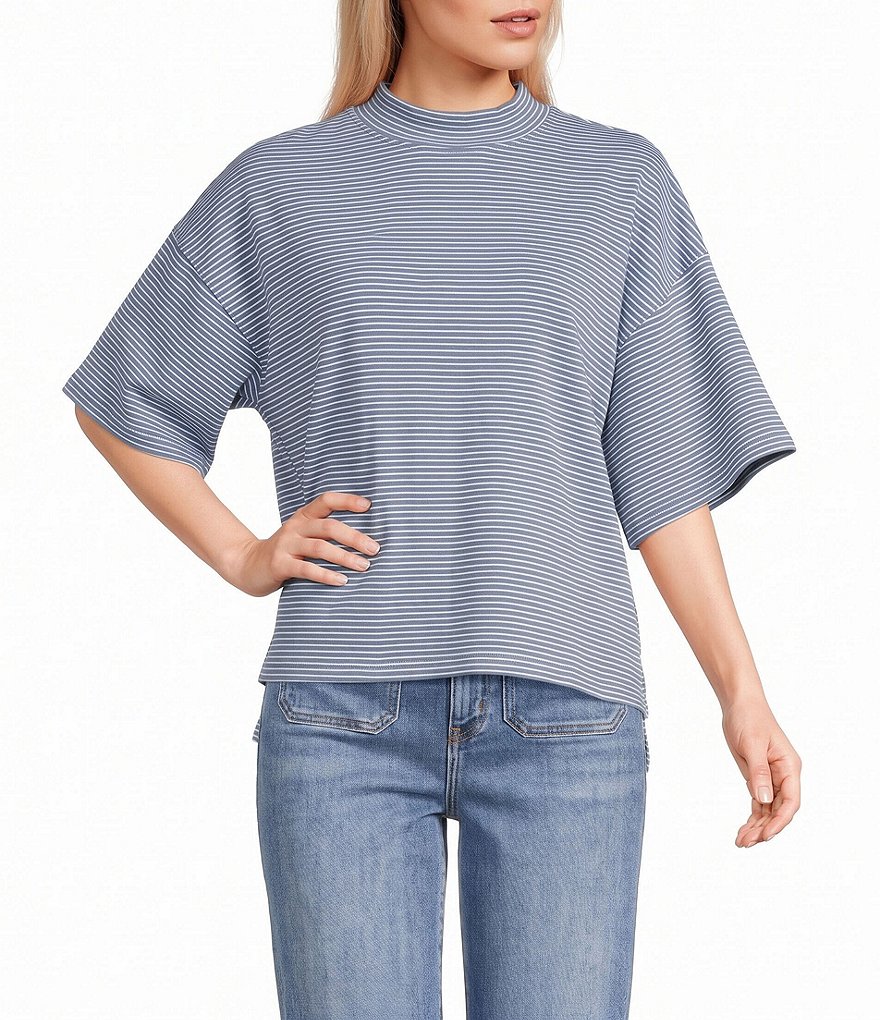 Striped Mock Neck Short Sleeve Coordinating Top