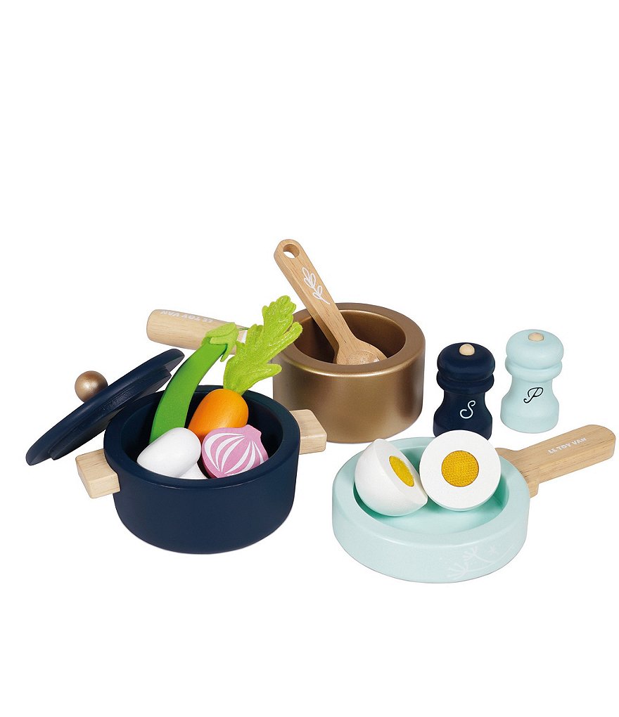 Le Toy Van - Educational Wooden Pretend Kitchen Honeybake Pots and Pans  Cooking Set Play Toy | Kids Role Play Toy Kitchen Accessories (TV301)