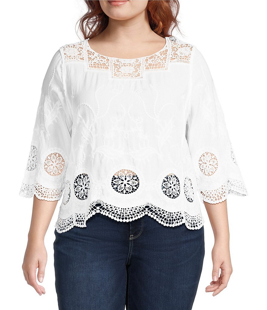 Leo & Nicole Plus Size Woven Scattered Embroidered Lace