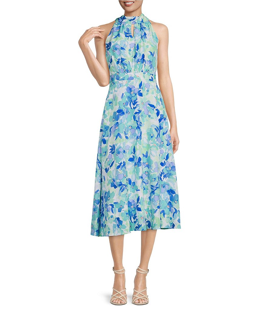 Leslie Fay Floral Print Sleeveless Halter Neck Midi Dress | Dillard's