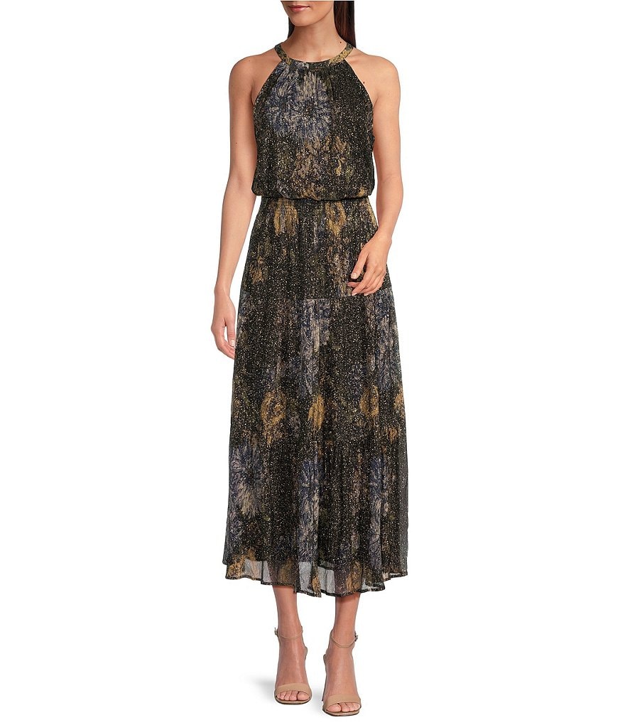 Leslie Fay Sleeveless Halter Neckline Metallic Printed Blouson Maxi ...