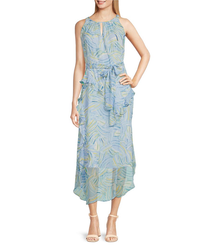 Leslie Fay Sleeveless Tie Waist Ruffled Skirt Midi Dress | Dillard's