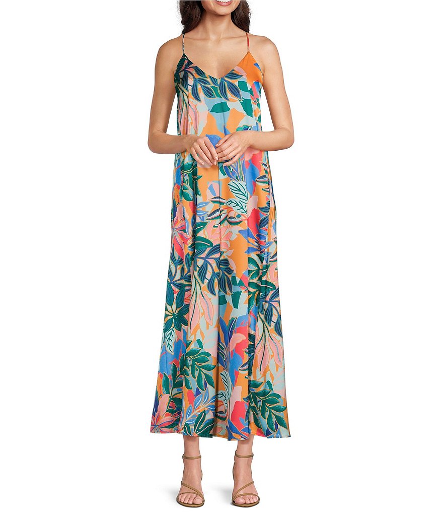 Leslie Fay Sleeveless V-Neck Printed Side Pocket Satin Shift Maxi Dress ...