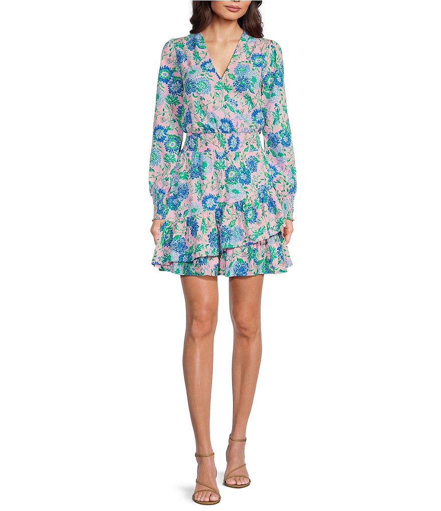 Lilly Pulitzer Cristiana Woven Floral Print V-Neck Long Sleeve Smocked ...