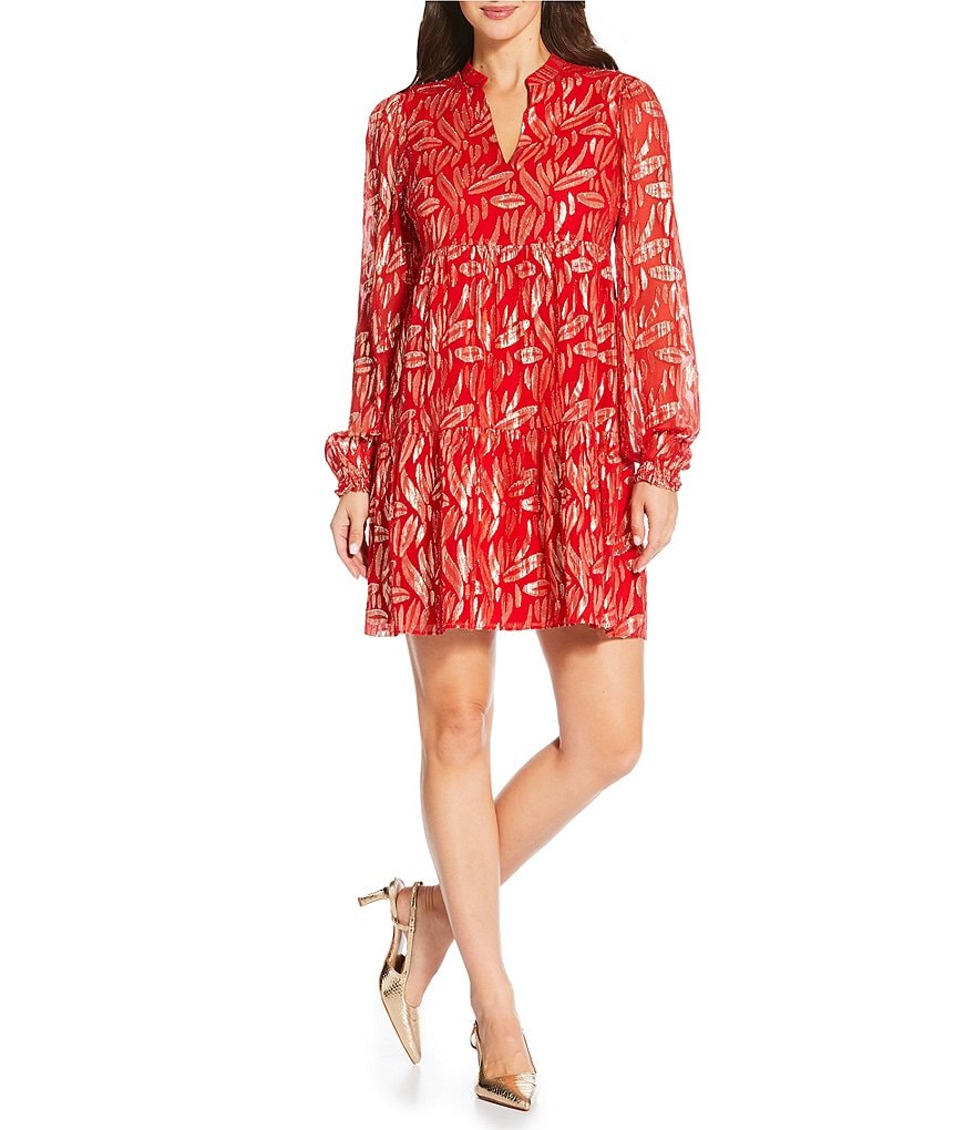 Lilly　0823 Lilly Pulitzer Metallic Clip Silk Notch Collar Long Sleeve Tiered