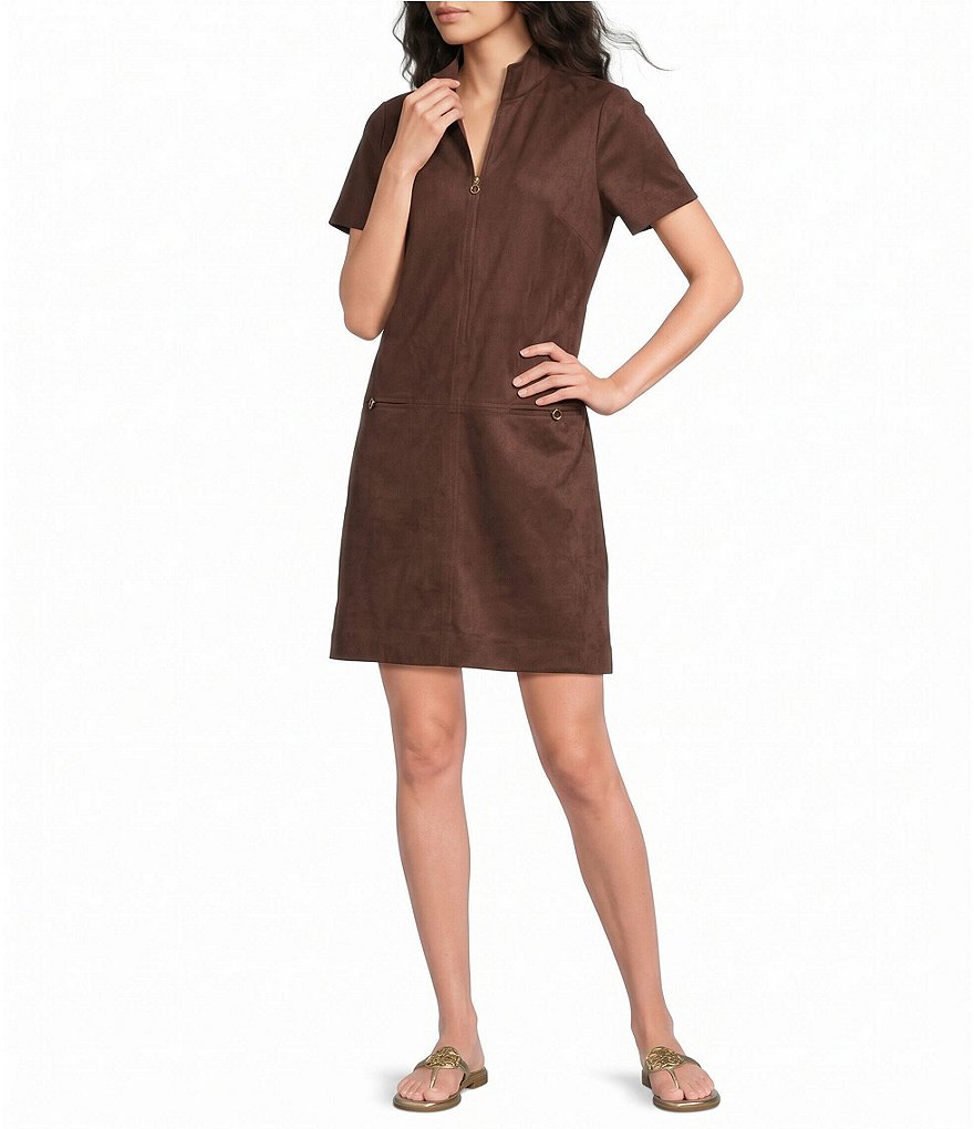 kristin dress in brown stretch suede product info and reviews Lilly Pulitzer Rosee Split V-Neck Short Sleeve Shift Color:HILO ARRANGMENT SAND
