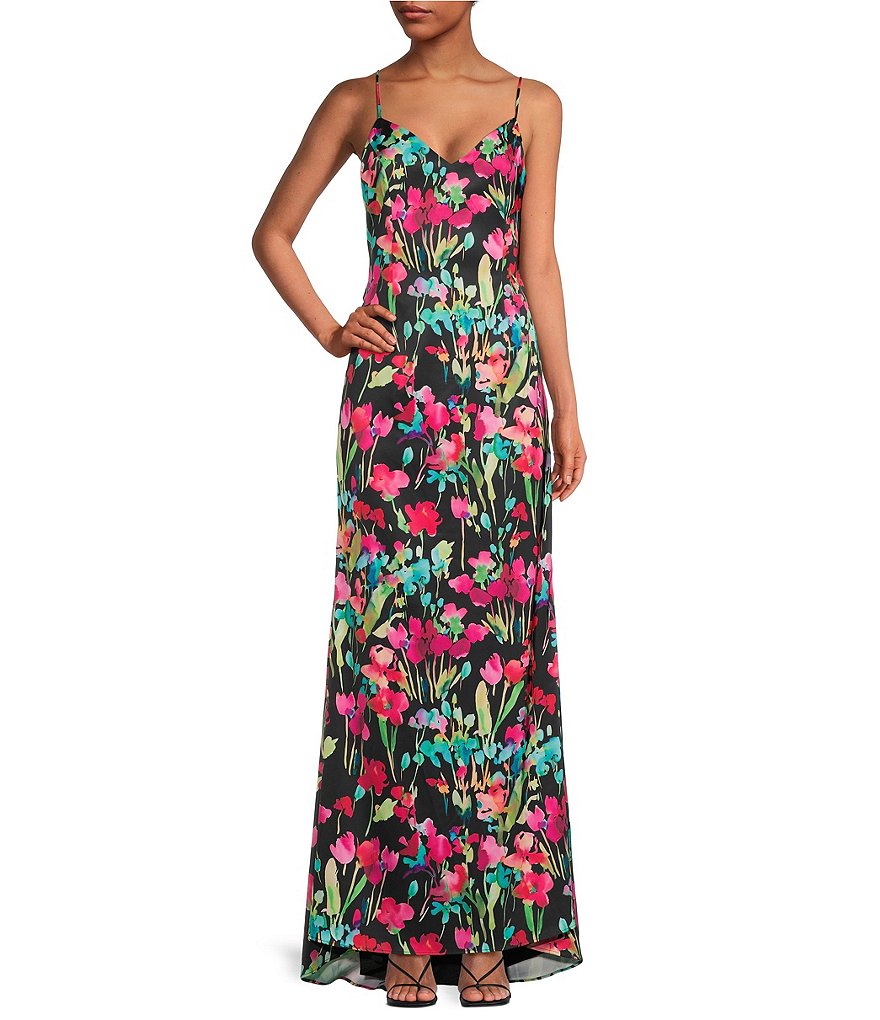 Liv Foster Floral Print V-Neck Spaghetti Strap Satin Gown | Dillard's