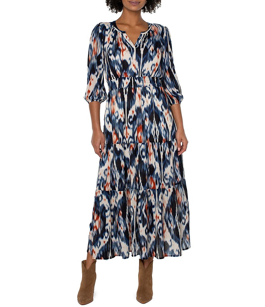 Liverpool Los Angeles Ikat Print Split V-Neck 3/4 Blouson Sleeve Tiered Hem  Woven Maxi Dress