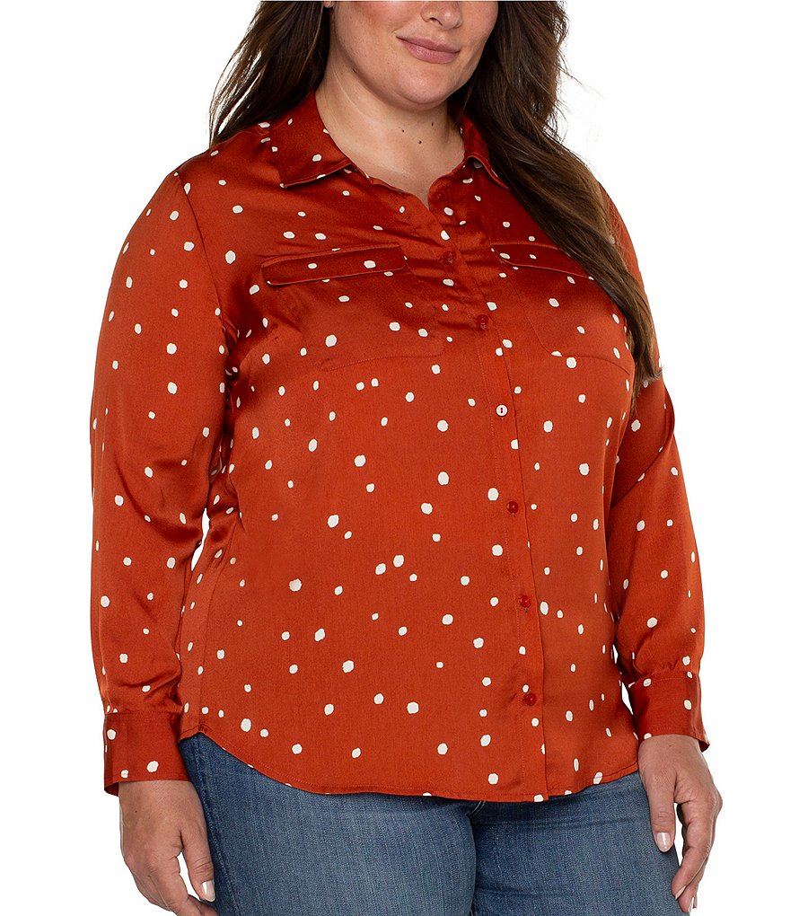 Liverpool Los Angeles Plus Size Dot Print Point Collar Long Sleeve