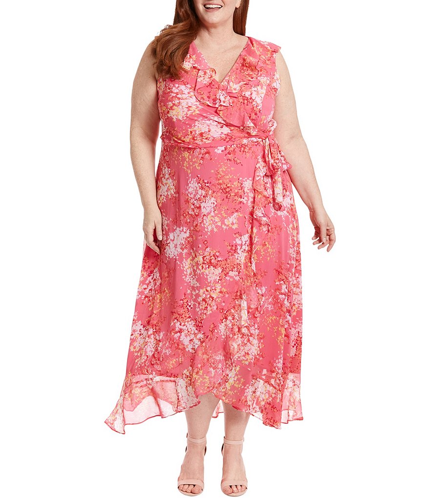 London Times Plus Size Sleeveless Ruffle V-Neck Tie Waist Printed Faux ...
