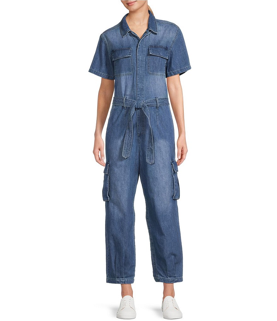 Lucky Brand Denim Collared Neckline Short Sleeve Cropped Cargo Jumpsuit 