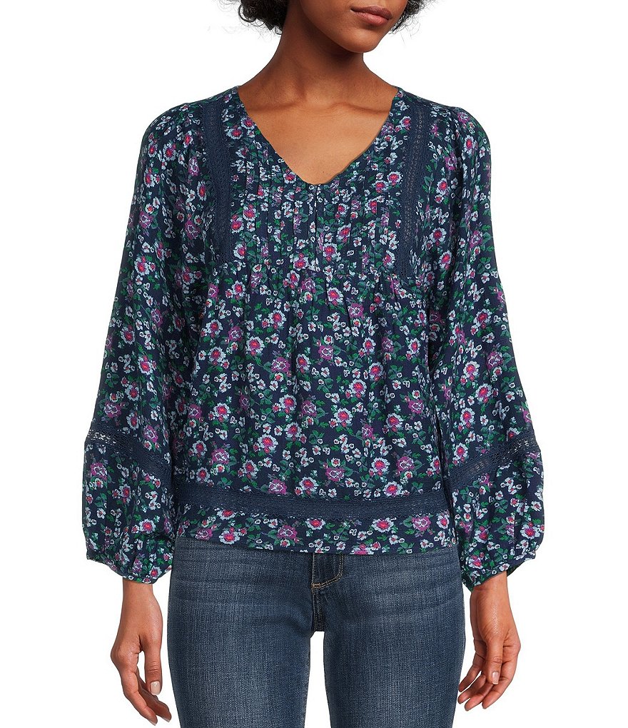 Lucky Brand Floral Print Pintuck Lace V Neck Long Blouson Sleeve Top Dillard S