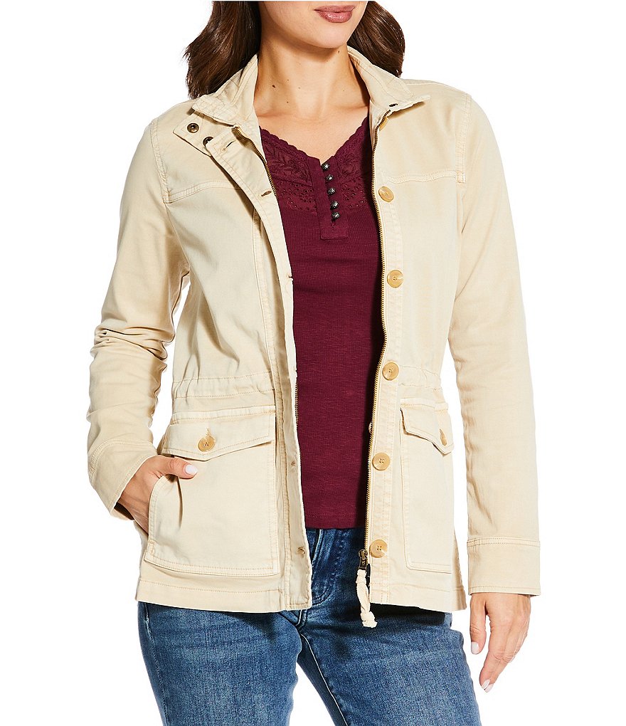 Lucky Brand Point Collar Long Sleeve Drawstring Waist Patch Pocket